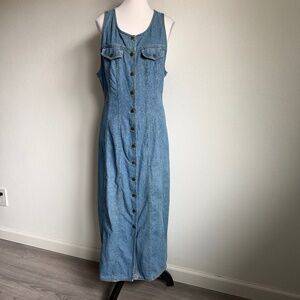 Liz Wear Vintage 90s Casual Sleeveless Snap Front Blue Cotton Denim Maxi Dress L